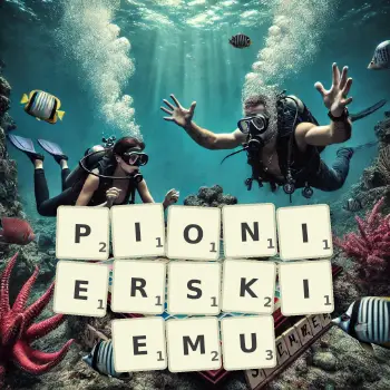 Kreatywna ilustracja do gry w Scrabble ze słowem PIONIERSKIEMU ułożonym z płytek na planszy.