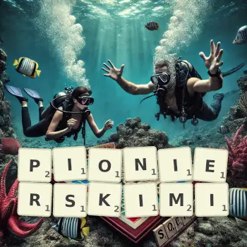 Kreatywna ilustracja do gry w Scrabble ze słowem PIONIERSKIMI ułożonym z płytek na planszy.