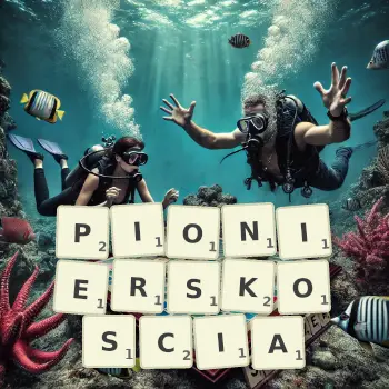 Kreatywna ilustracja do gry w Scrabble ze słowem PIONIERSKOSCIA ułożonym z płytek na planszy.