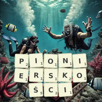 Kreatywna ilustracja do gry w Scrabble ze słowem PIONIERSKOŚCI ułożonym z płytek na planszy.