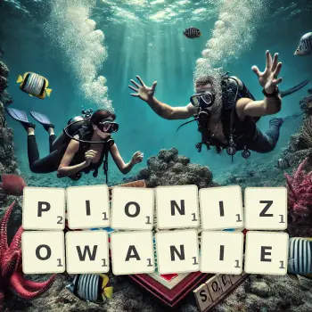 Kreatywna ilustracja do gry w Scrabble ze słowem PIONIZOWANIE ułożonym z płytek na planszy.