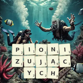 Kreatywna ilustracja do gry w Scrabble ze słowem PIONIZUJĄCYCH ułożonym z płytek na planszy.