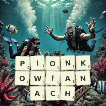 Kreatywna ilustracja do gry w Scrabble ze słowem PIONKOWIANACH ułożonym z płytek na planszy.