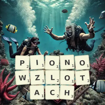 Kreatywna ilustracja do gry w Scrabble ze słowem PIONOWZLOTACH ułożonym z płytek na planszy.