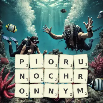 Kreatywna ilustracja do gry w Scrabble ze słowem PIORUNOCHRONNYM ułożonym z płytek na planszy.