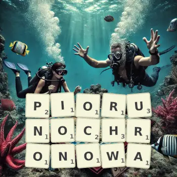 Kreatywna ilustracja do gry w Scrabble ze słowem PIORUNOCHRONOWA ułożonym z płytek na planszy.