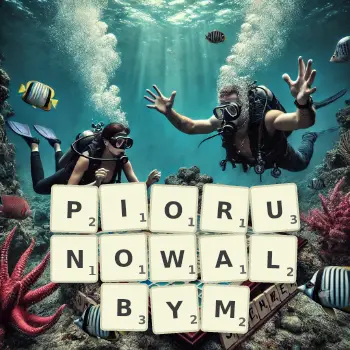 Kreatywna ilustracja do gry w Scrabble ze słowem PIORUNOWALBYM ułożonym z płytek na planszy.