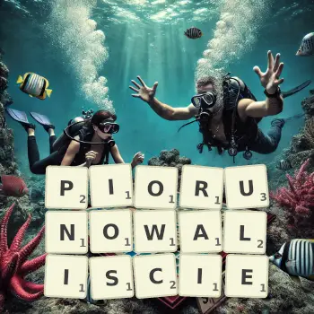 Kreatywna ilustracja do gry w Scrabble ze słowem PIORUNOWALISCIE ułożonym z płytek na planszy.