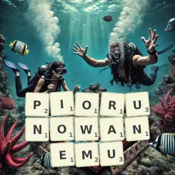 Kreatywna ilustracja do gry w Scrabble ze słowem PIORUNOWANEMU ułożonym z płytek na planszy.