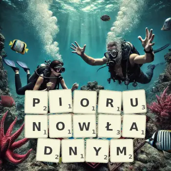 Kreatywna ilustracja do gry w Scrabble ze słowem PIORUNOWŁADNYM ułożonym z płytek na planszy.