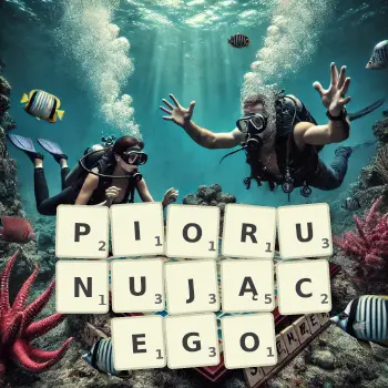 Kreatywna ilustracja do gry w Scrabble ze słowem PIORUNUJĄCEGO ułożonym z płytek na planszy.