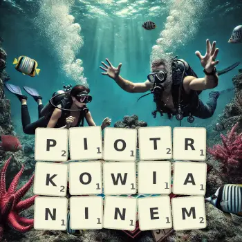 Kreatywna ilustracja do gry w Scrabble ze słowem PIOTRKOWIANINEM ułożonym z płytek na planszy.