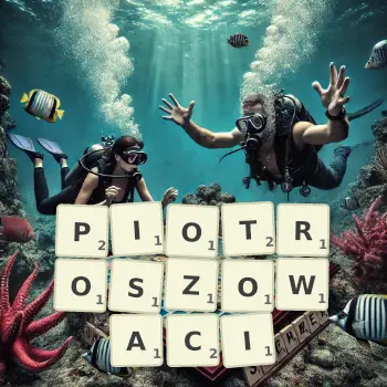 Kreatywna ilustracja do gry w Scrabble ze słowem PIOTROSZOWACI ułożonym z płytek na planszy.