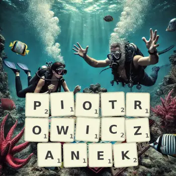 Kreatywna ilustracja do gry w Scrabble ze słowem PIOTROWICZANEK ułożonym z płytek na planszy.