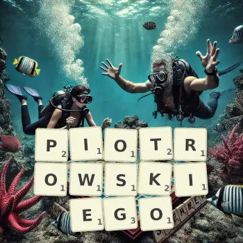 Kreatywna ilustracja do gry w Scrabble ze słowem PIOTROWSKIEGO ułożonym z płytek na planszy.