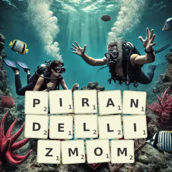 Kreatywna ilustracja do gry w Scrabble ze słowem PIRANDELLIZMOM ułożonym z płytek na planszy.