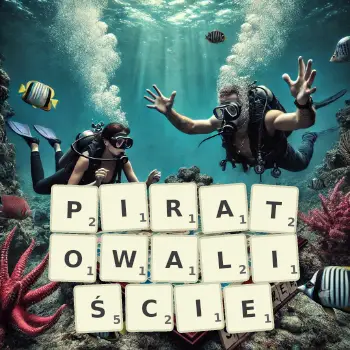 Kreatywna ilustracja do gry w Scrabble ze słowem PIRATOWALIŚCIE ułożonym z płytek na planszy.