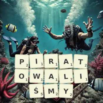 Kreatywna ilustracja do gry w Scrabble ze słowem PIRATOWALIŚMY ułożonym z płytek na planszy.