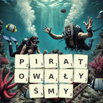Kreatywna ilustracja do gry w Scrabble ze słowem PIRATOWAŁYŚMY ułożonym z płytek na planszy.