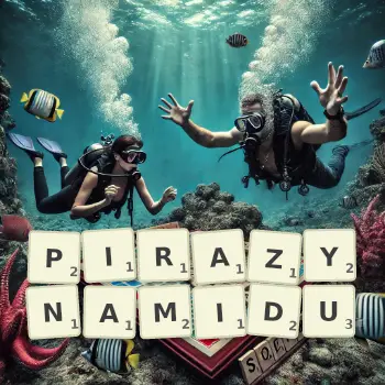 Kreatywna ilustracja do gry w Scrabble ze słowem PIRAZYNAMIDU ułożonym z płytek na planszy.