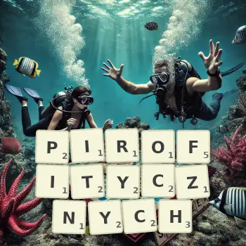 Kreatywna ilustracja do gry w Scrabble ze słowem PIROFITYCZNYCH ułożonym z płytek na planszy.