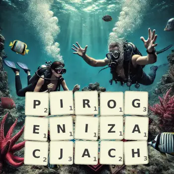 Kreatywna ilustracja do gry w Scrabble ze słowem PIROGENIZACJACH ułożonym z płytek na planszy.