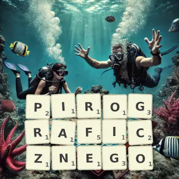 Kreatywna ilustracja do gry w Scrabble ze słowem PIROGRAFICZNEGO ułożonym z płytek na planszy.