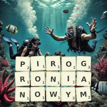 Kreatywna ilustracja do gry w Scrabble ze słowem PIROGRONIANOWYM ułożonym z płytek na planszy.