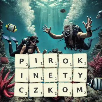 Kreatywna ilustracja do gry w Scrabble ze słowem PIROKINETYCZKOM ułożonym z płytek na planszy.