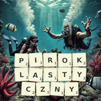 Kreatywna ilustracja do gry w Scrabble ze słowem PIROKLASTYCZNY ułożonym z płytek na planszy.