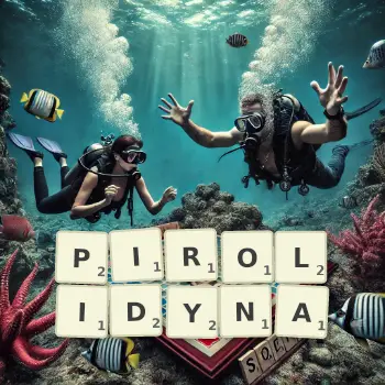 Kreatywna ilustracja do gry w Scrabble ze słowem PIROLIDYNA ułożonym z płytek na planszy.