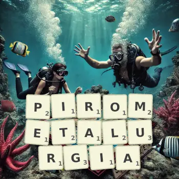 Kreatywna ilustracja do gry w Scrabble ze słowem PIROMETALURGIA ułożonym z płytek na planszy.