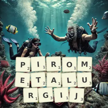 Kreatywna ilustracja do gry w Scrabble ze słowem PIROMETALURGIJ ułożonym z płytek na planszy.