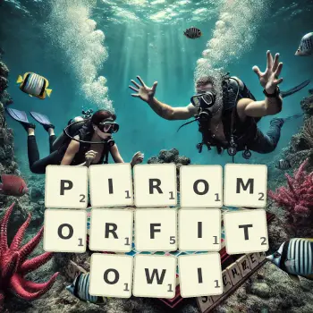 Kreatywna ilustracja do gry w Scrabble ze słowem PIROMORFITOWI ułożonym z płytek na planszy.