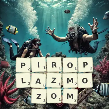 Kreatywna ilustracja do gry w Scrabble ze słowem PIROPLAZMOZOM ułożonym z płytek na planszy.