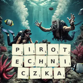 Kreatywna ilustracja do gry w Scrabble ze słowem PIROTECHNICZKA ułożonym z płytek na planszy.