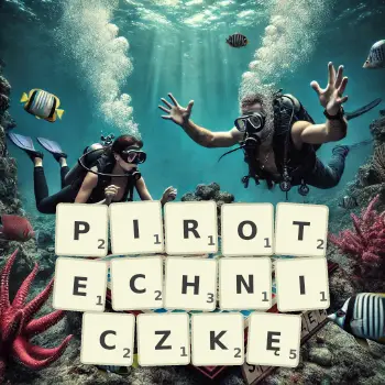 Kreatywna ilustracja do gry w Scrabble ze słowem PIROTECHNICZKĘ ułożonym z płytek na planszy.