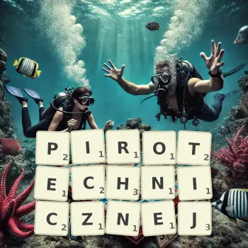 Kreatywna ilustracja do gry w Scrabble ze słowem PIROTECHNICZNEJ ułożonym z płytek na planszy.