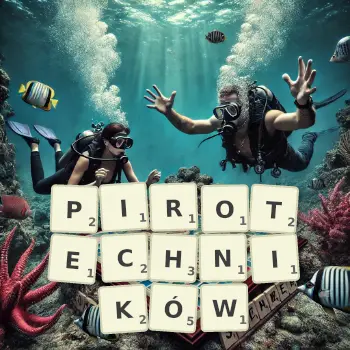 Kreatywna ilustracja do gry w Scrabble ze słowem PIROTECHNIKÓW ułożonym z płytek na planszy.