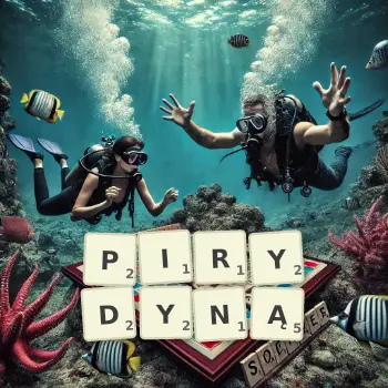 Kreatywna ilustracja do gry w Scrabble ze słowem PIRYDYNĄ ułożonym z płytek na planszy.