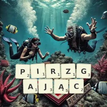 Kreatywna ilustracja do gry w Scrabble ze słowem PIRZGAJĄC ułożonym z płytek na planszy.