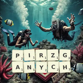 Kreatywna ilustracja do gry w Scrabble ze słowem PIRZGANYCH ułożonym z płytek na planszy.
