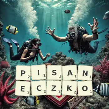 Kreatywna ilustracja do gry w Scrabble ze słowem PISANECZKO ułożonym z płytek na planszy.
