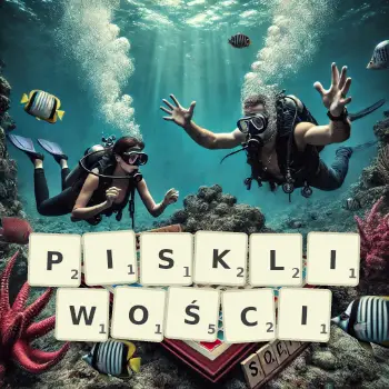 Kreatywna ilustracja do gry w Scrabble ze słowem PISKLIWOŚCI ułożonym z płytek na planszy.