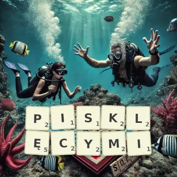 Kreatywna ilustracja do gry w Scrabble ze słowem PISKLĘCYMI ułożonym z płytek na planszy.