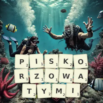 Kreatywna ilustracja do gry w Scrabble ze słowem PISKORZOWATYMI ułożonym z płytek na planszy.