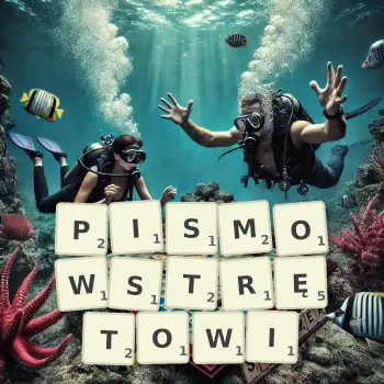 Kreatywna ilustracja do gry w Scrabble ze słowem PISMOWSTRĘTOWI ułożonym z płytek na planszy.