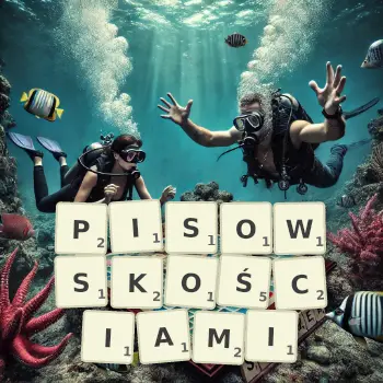 Kreatywna ilustracja do gry w Scrabble ze słowem PISOWSKOŚCIAMI ułożonym z płytek na planszy.