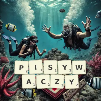Kreatywna ilustracja do gry w Scrabble ze słowem PISYWACZY ułożonym z płytek na planszy.