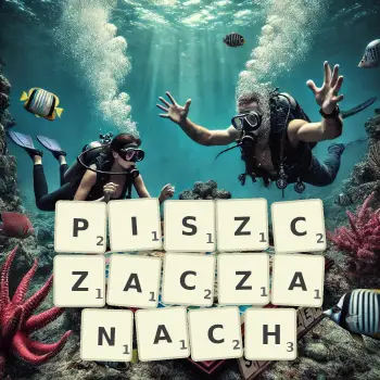 Kreatywna ilustracja do gry w Scrabble ze słowem PISZCZACZANACH ułożonym z płytek na planszy.